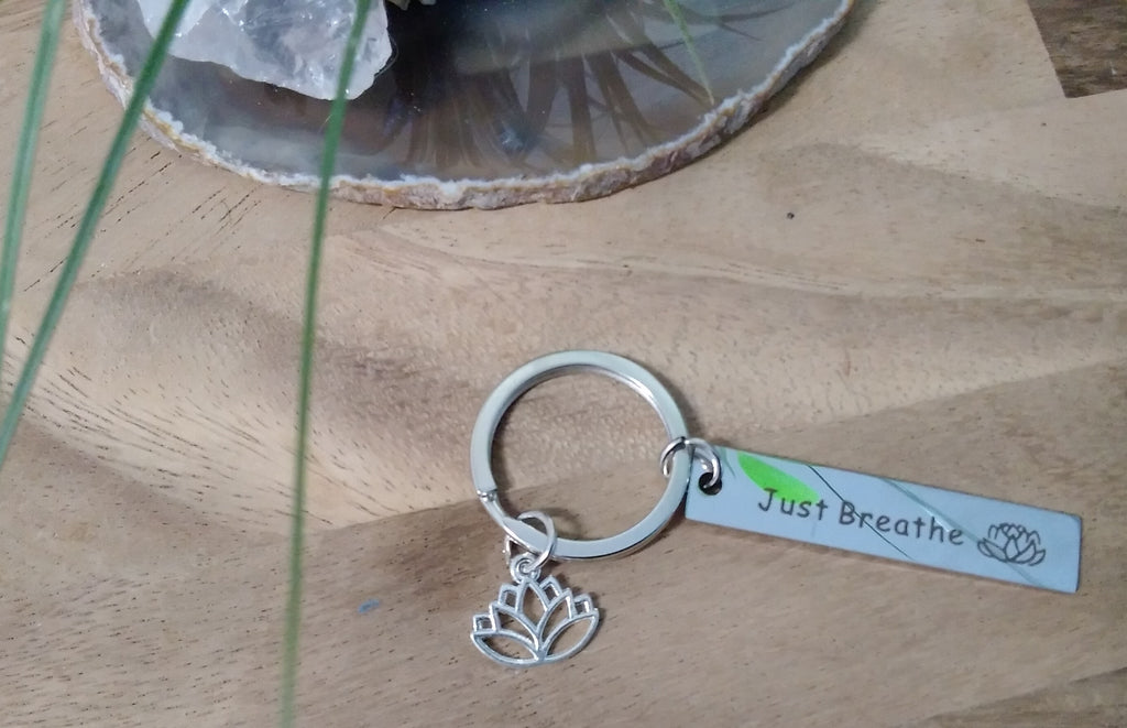 Just Breathe & Lotus ~ Key ring ~ Keychain ~ Spiritual Keyrings – Silver