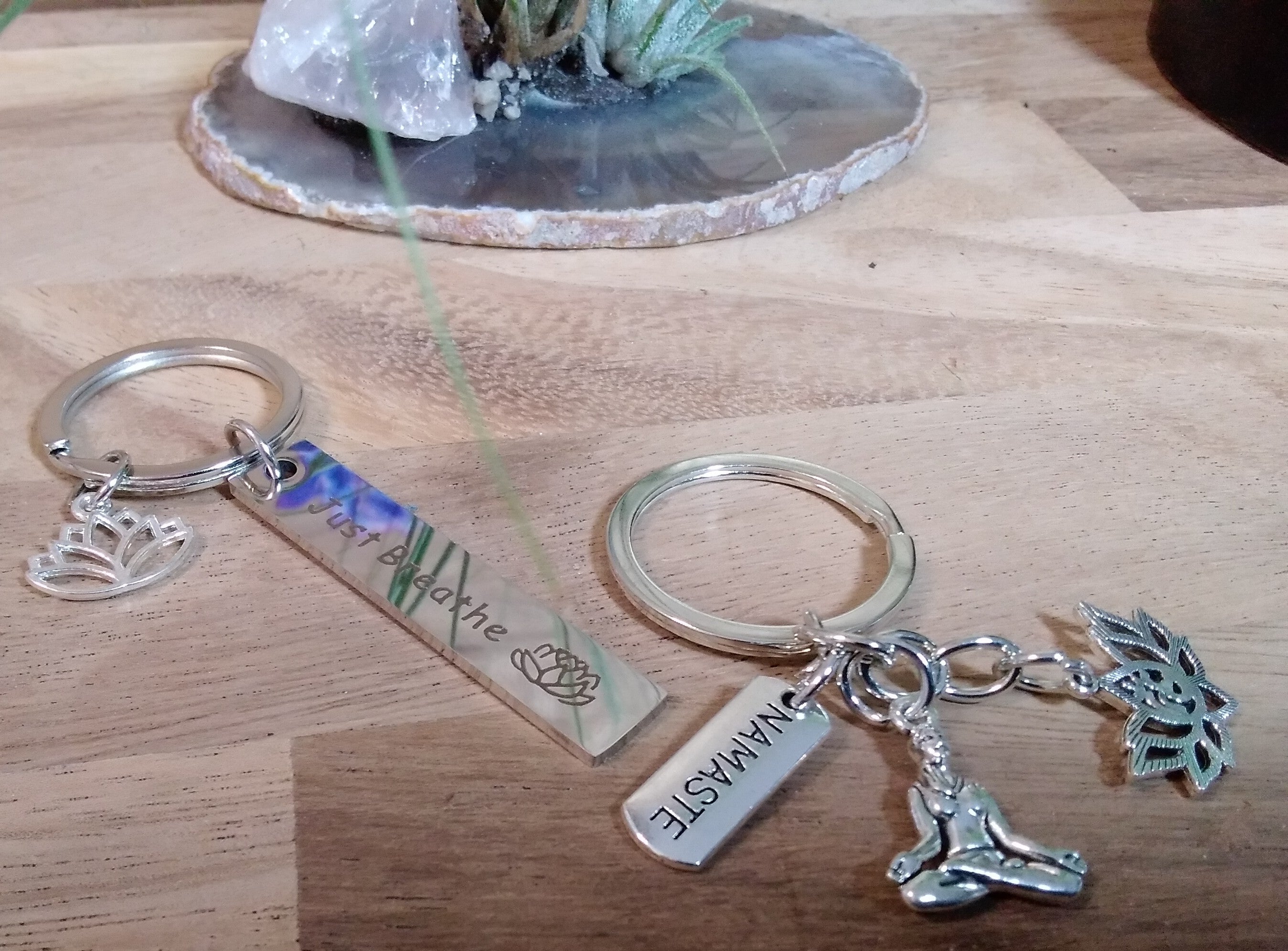 Just Breathe & Lotus ~ Key ring ~ Keychain ~ Spiritual Keyrings – Silver