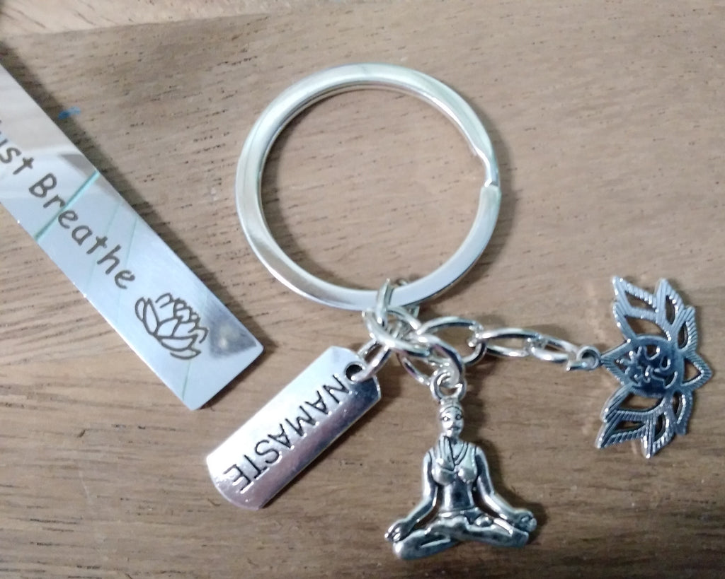 Just Breathe & Lotus ~ Key ring ~ Keychain ~ Spiritual Keyrings – Silver
