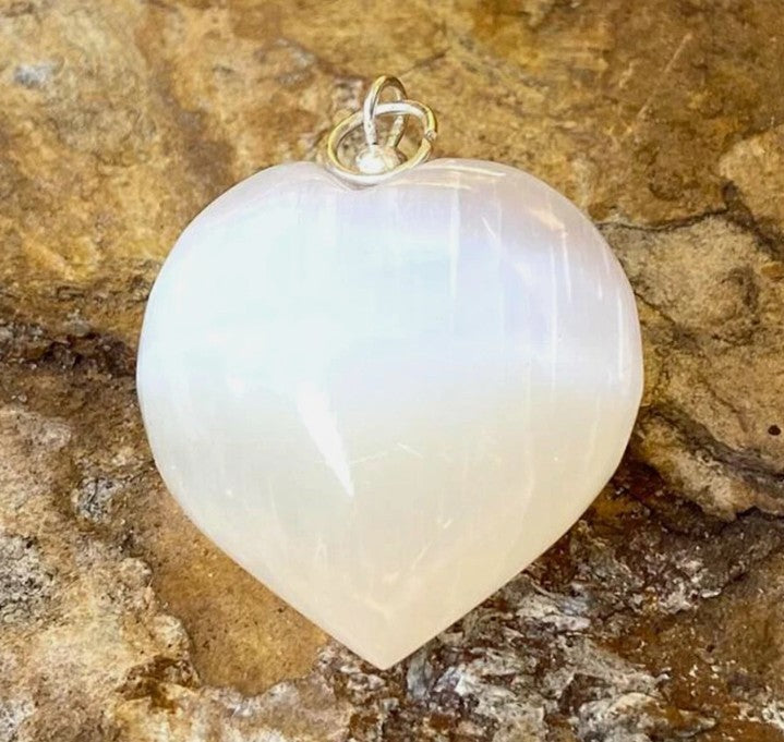 Raw Selenite ~ Crystal Pendant Heart ~ Carved Reiki Healing Gemstone (No chain)