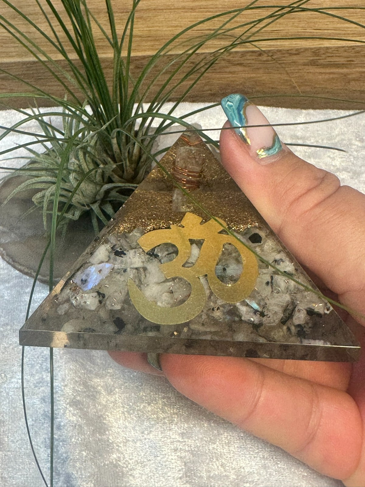 Large Orgonite Rainbow Moonstone Crystal Pyramid – Copper Coil & Om ~ Hand Made