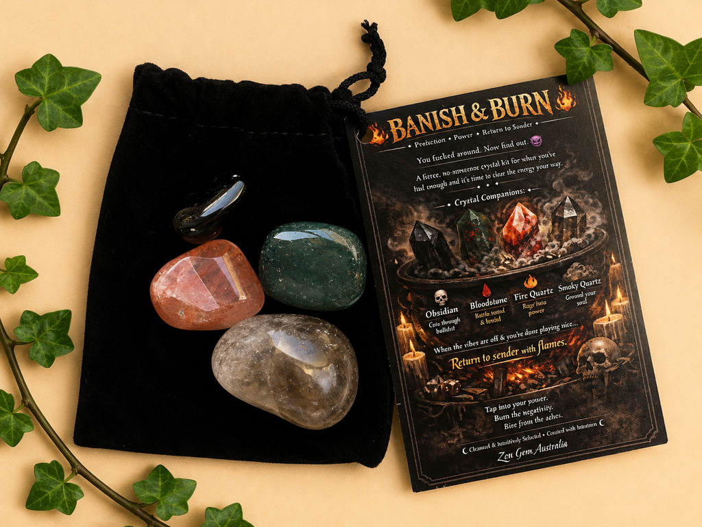 Banish & Burn Crystal Kit Protection Return to Sender Obsidian Bloodstone