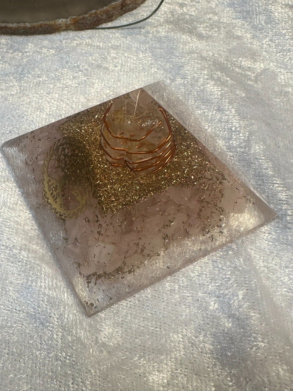 Orgonite Crystal Pyramid ~ Medium ~ Copper Coil & Hamsa Hand Symbol Rose Quartz