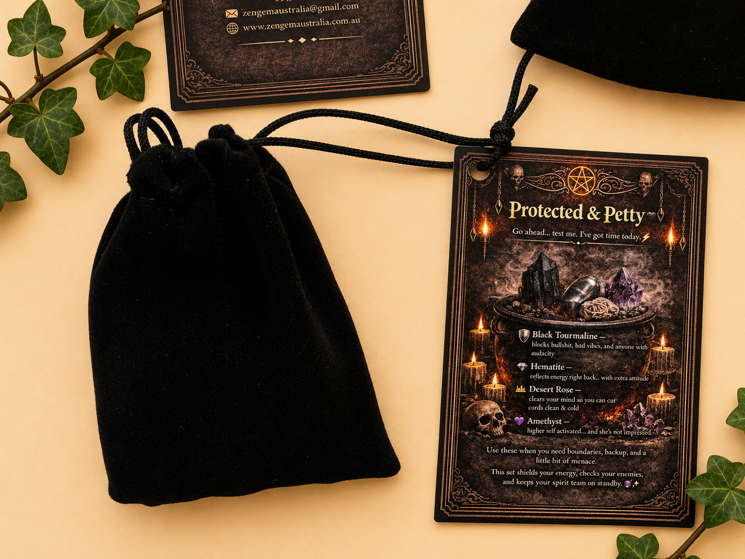 Protected & Petty Crystal Kit ~ Black Tourmaline Hematite Desert Rose Amethyst