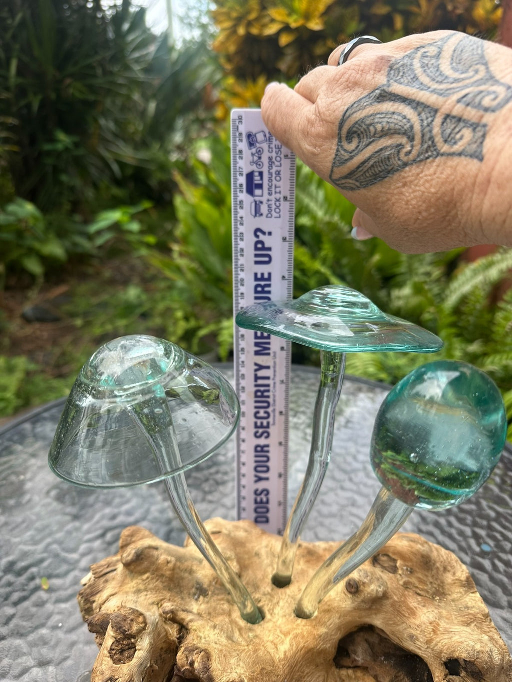 Glass Mushroom Sculpture on Natural Wood – Garden Decor / Rustic Outdoor Art