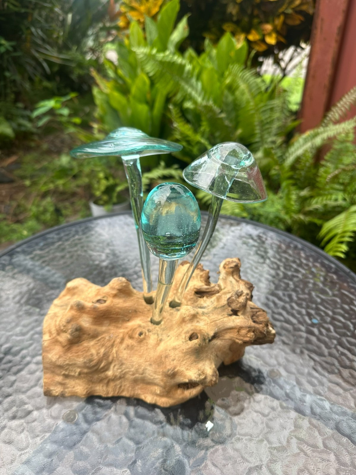 Glass Mushroom Sculpture on Natural Wood – Garden Decor / Rustic Outdoor Art
