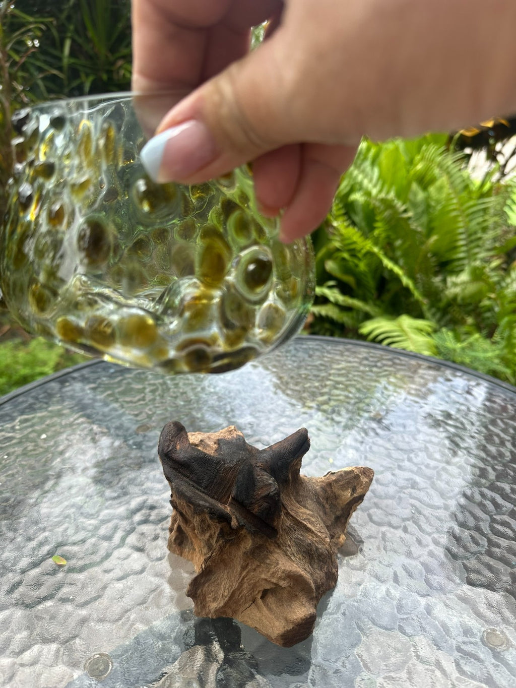 Gold Slump Glass Bowl on Natural Wood Base – Rustic Decor Planter Candle Holder