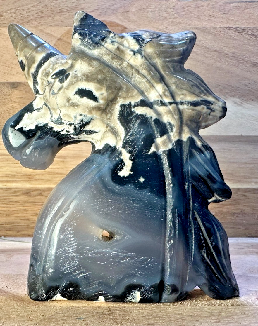 Volcanic Agate Unicorn Carving – Crystal Statue ~ Strength • Transformation 11cm