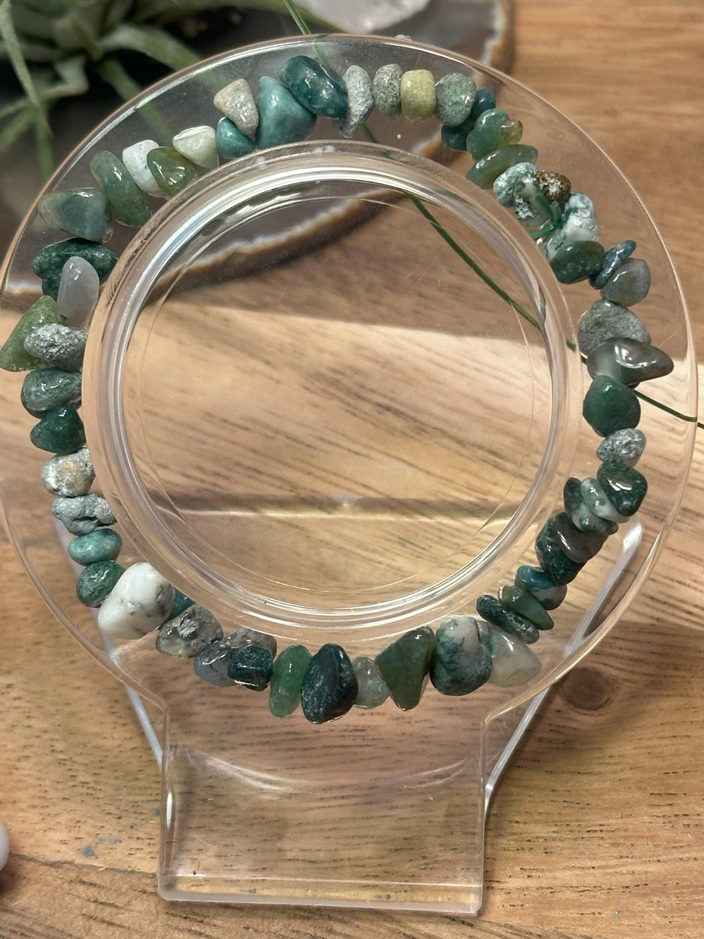 Moss Agate Crystal Chip Bracelet – Elastic ~ Growth • Balance • Nature Energy