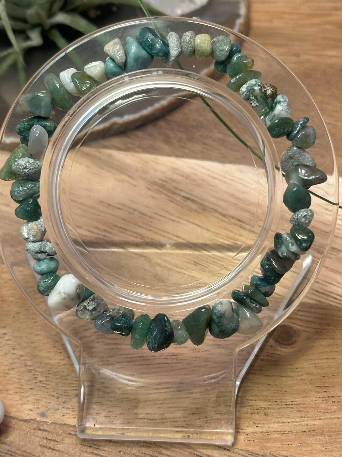Moss Agate Crystal Chip Bracelet – Elastic ~ Growth • Balance • Nature Energy