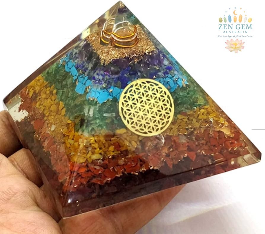 Large Orgonite Chakra Crystal Pyramid – Copper Coil & Flower of Life ~ Hand Made