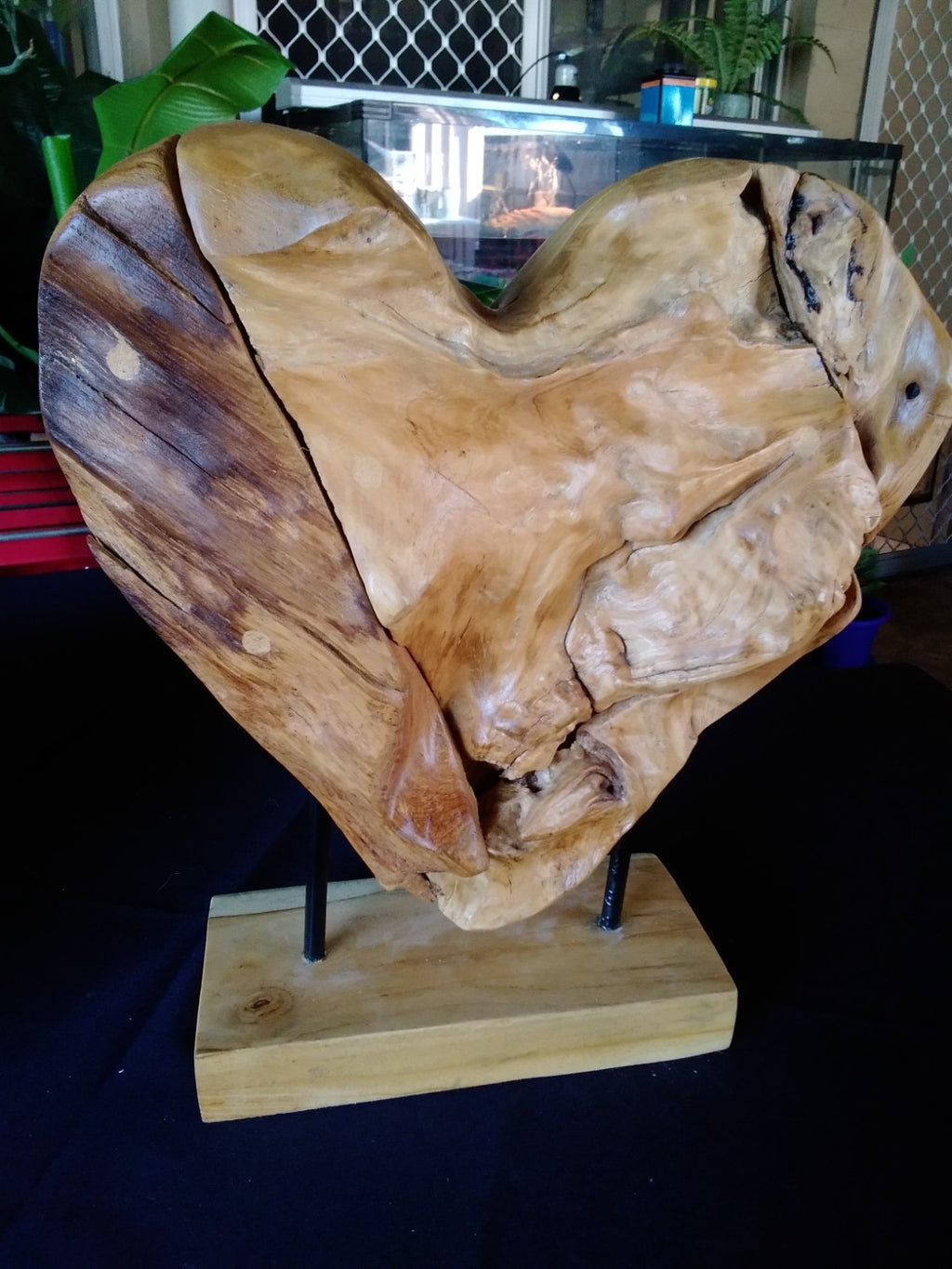 38cm ~ Rustic Wooden Love Heart Sculpture on Stand ~ Natural Timber Heavy Large