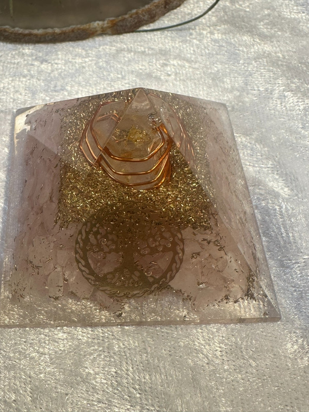 Orgonite Crystal Pyramid ~ Medium ~ Copper Coil & Hamsa Hand Symbol Rose Quartz