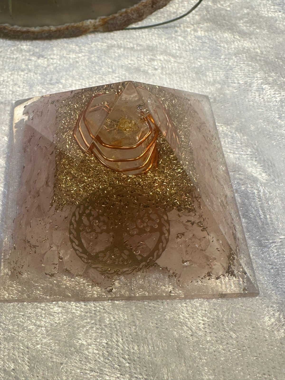 Orgonite Crystal Pyramid ~ Medium ~ Copper Coil & Hamsa Hand Symbol Rose Quartz
