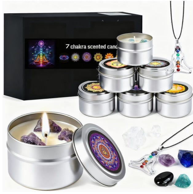 Set of 7 Scented Candles with Natural Crystal Stones And Pendants ~ Soy Wax