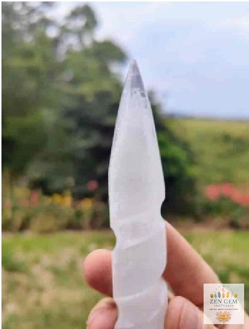 Selenite Spiral Wand – Single Point 15cm ~ Energy Cleansing • Charging Tool