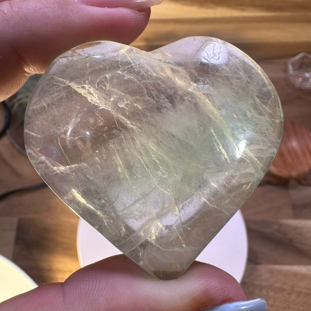 Green Fluorite Heart – 50mm Polished Crystal Clarity • Emotional Balance • Heart