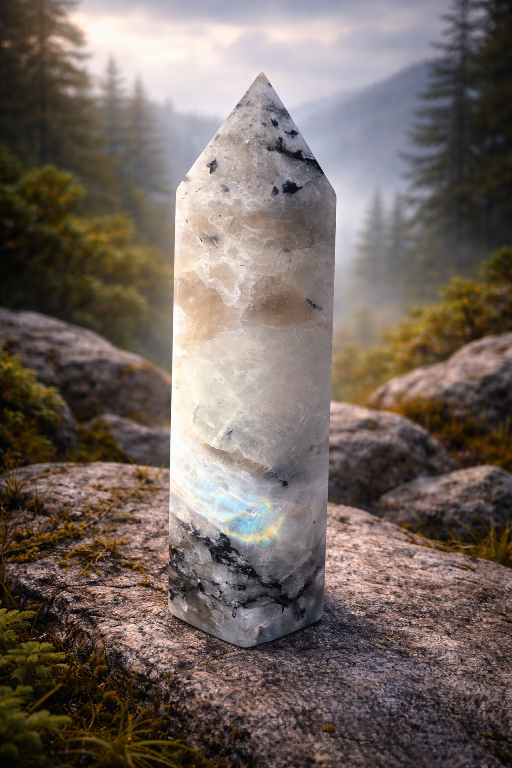 Rainbow Moonstone Tower – Polished Obelisk Intuition • Divine Feminine 10mm