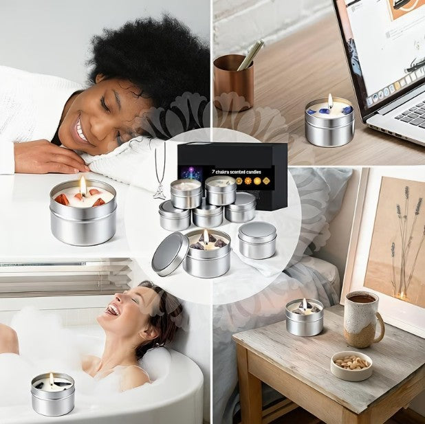 Set of 7 Scented Candles with Natural Crystal Stones And Pendants ~ Soy Wax