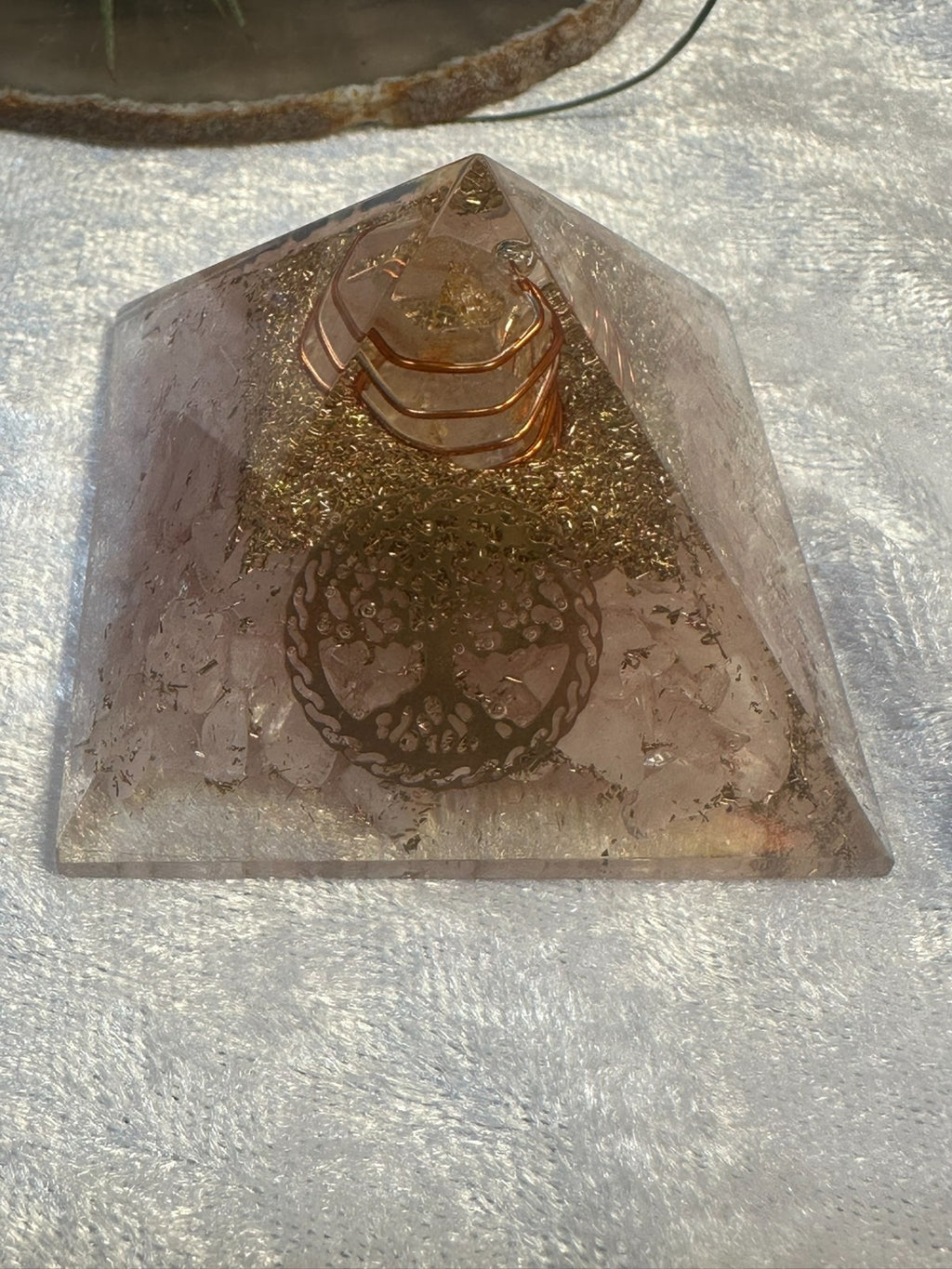 Orgonite Crystal Pyramid ~ Medium ~ Copper Coil & Hamsa Hand Symbol Rose Quartz