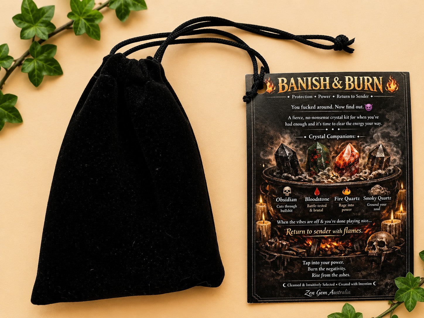 Banish & Burn Crystal Kit Protection Return to Sender Obsidian Bloodstone