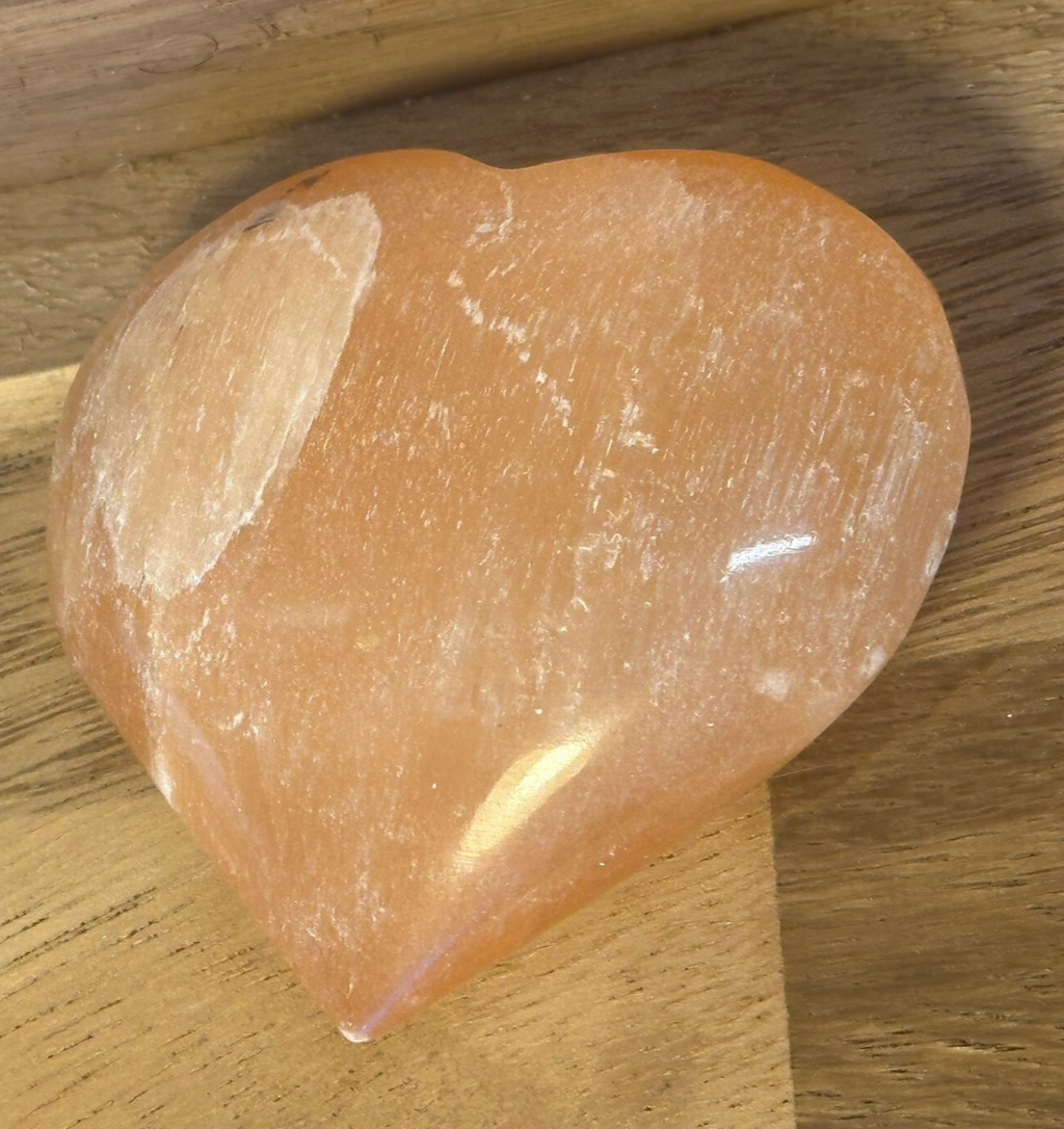 ORANGE Hand Carved Selenite Heart Crystal ~ Cleanse • Calm • Protect Your Space