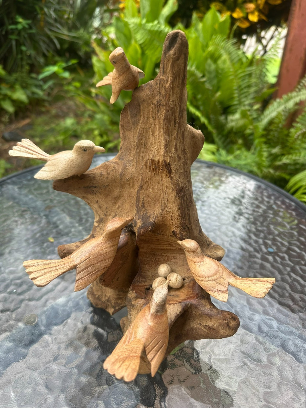 Hand Carved Wooden Bird Sculpture on Natural Wood – Rustic Nature Decor – Bird N