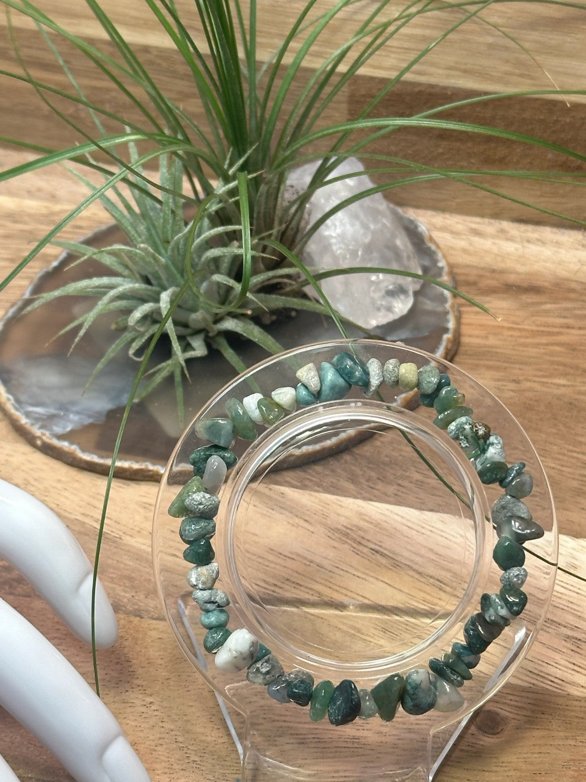 Moss Agate Crystal Chip Bracelet – Elastic ~ Growth • Balance • Nature Energy