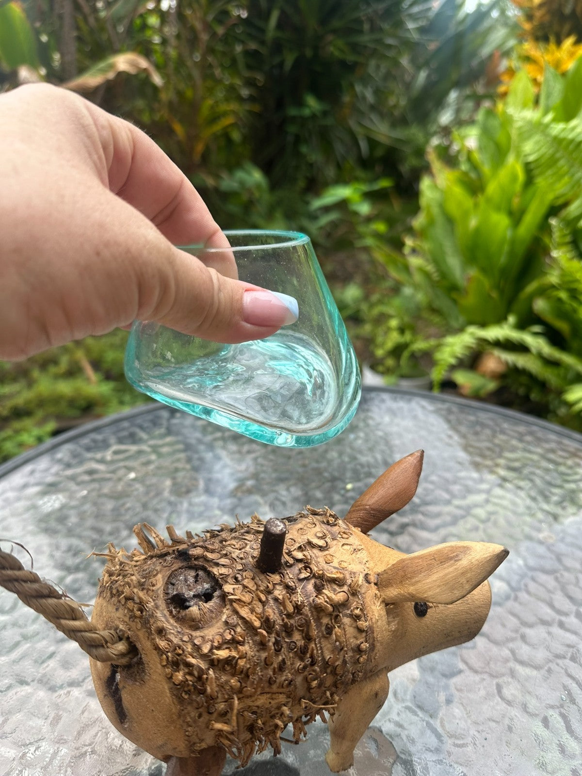 Wooden Pig Planter ~ Removable Glass Bowl – Rustic Garden Decor – Succulent