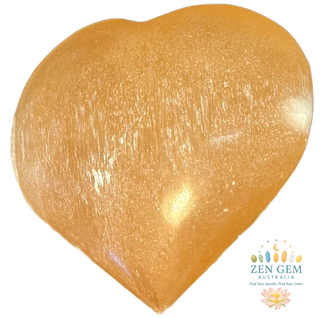 ORANGE Hand Carved Selenite Heart Crystal ~ Cleanse • Calm • Protect Your Space