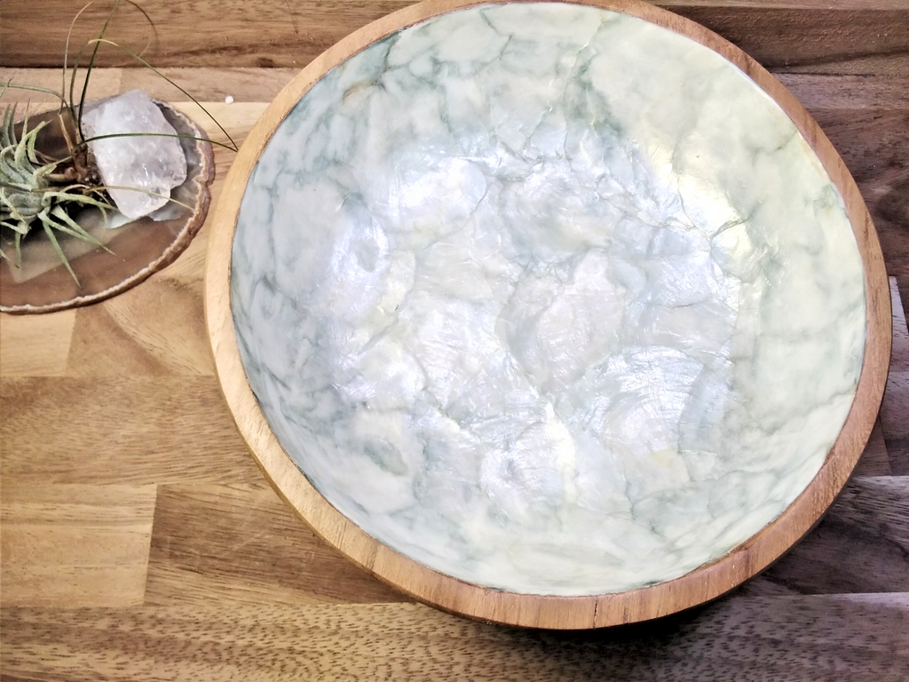 Teak Wood Bowl with Natural Shell Inlay – 19cm Decorative Bowl Coastal • Natural