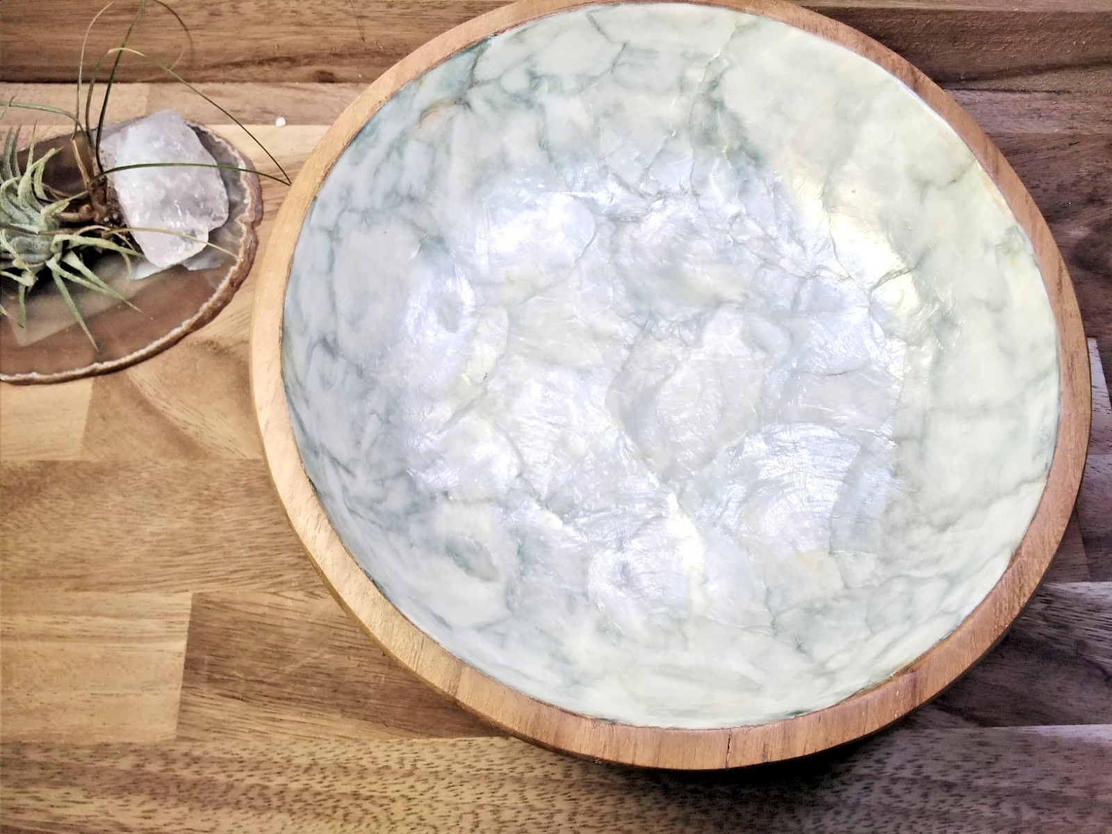 Teak Wood Bowl with Natural Shell Inlay – 19cm Decorative Bowl Coastal • Natural