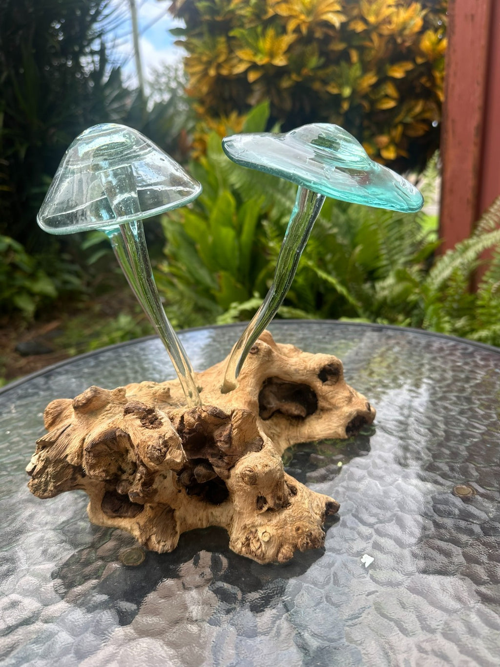 Glass Mushroom Sculpture on Natural Wood – Garden Decor / Rustic Outdoor Art