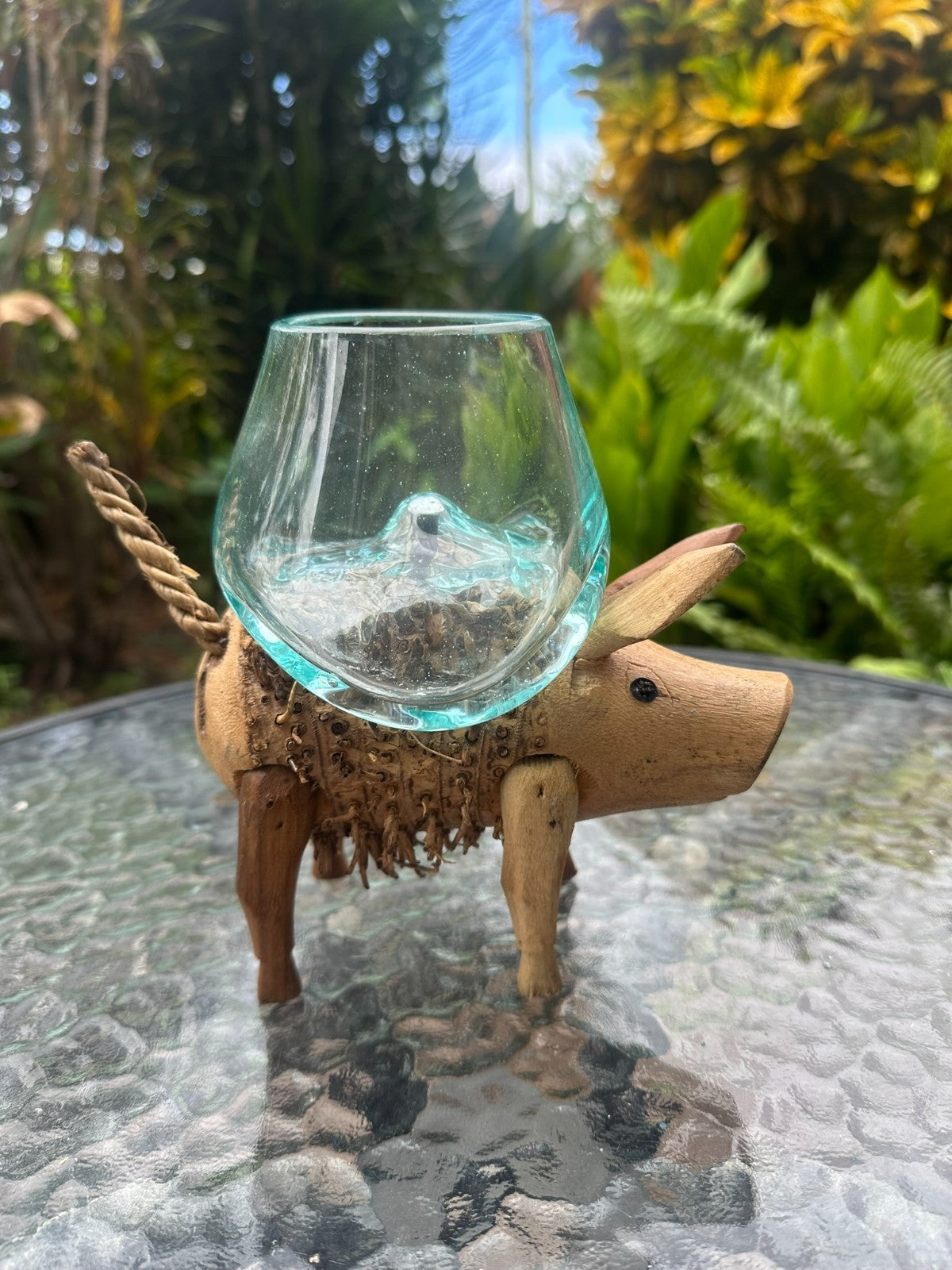 Wooden Pig Planter ~ Removable Glass Bowl – Rustic Garden Decor – Succulent