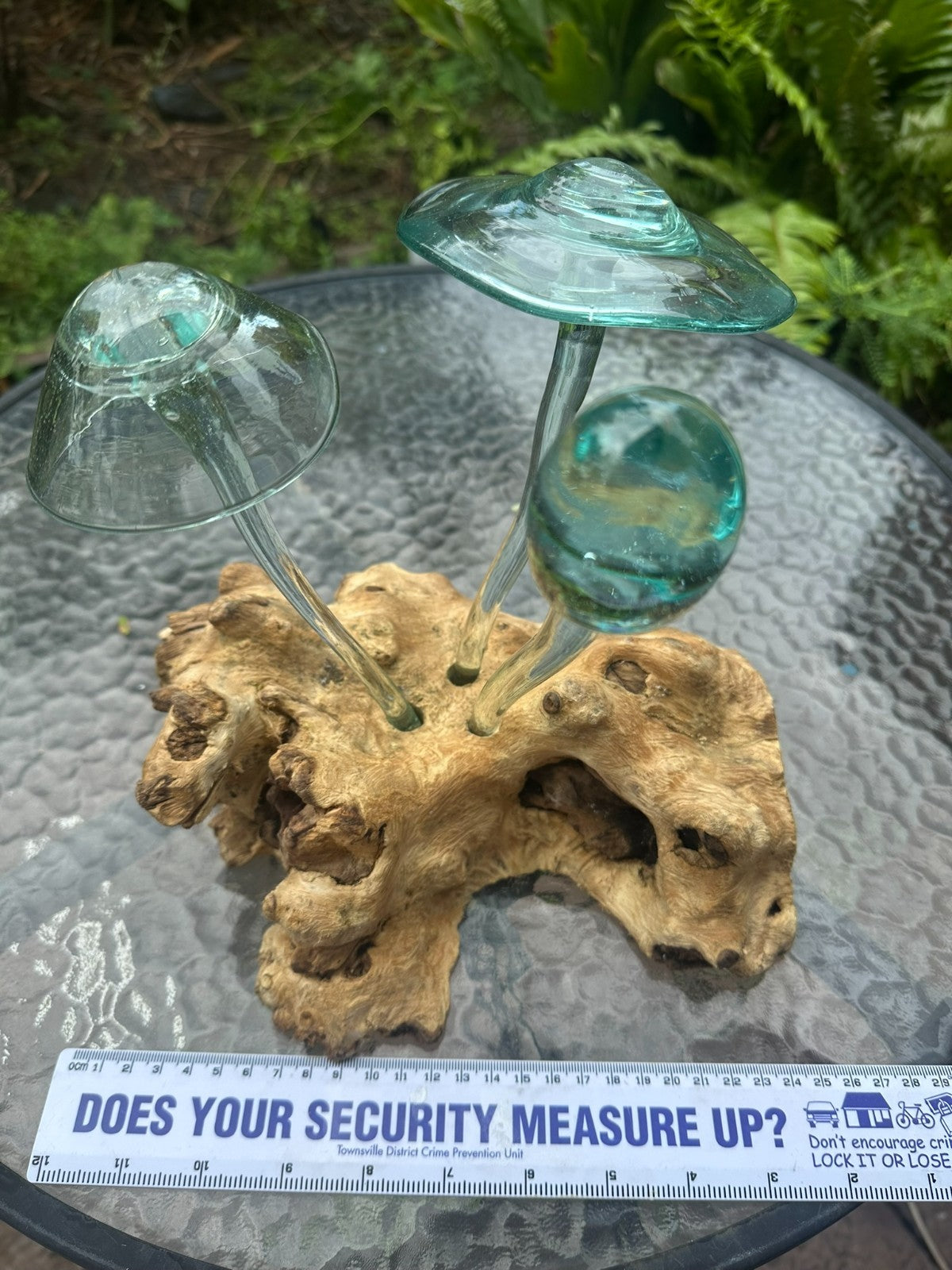 Glass Mushroom Sculpture on Natural Wood – Garden Decor / Rustic Outdoor Art