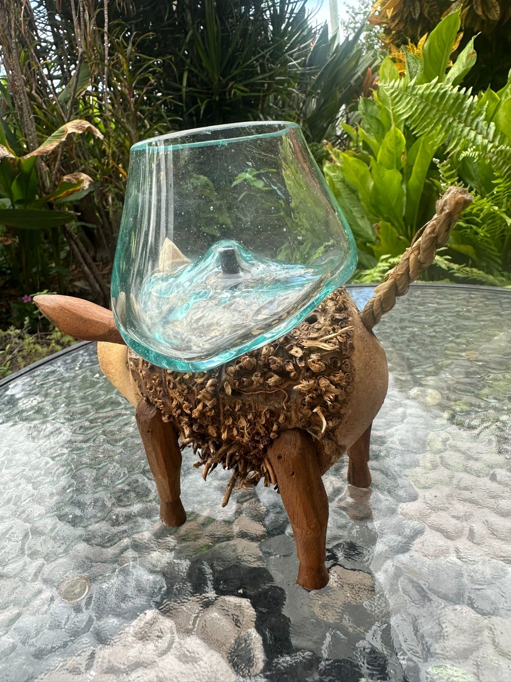 Wooden Pig Planter ~ Removable Glass Bowl – Rustic Garden Decor – Succulent
