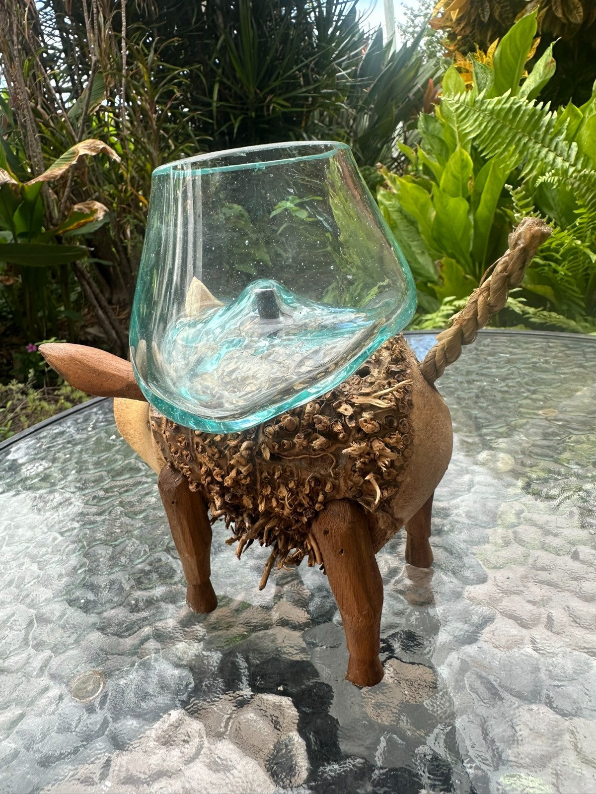 Wooden Pig Planter ~ Removable Glass Bowl – Rustic Garden Decor – Succulent