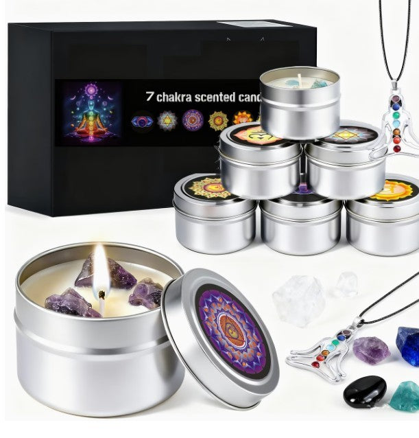 Set of 7 Scented Candles with Natural Crystal Stones And Pendants ~ Soy Wax