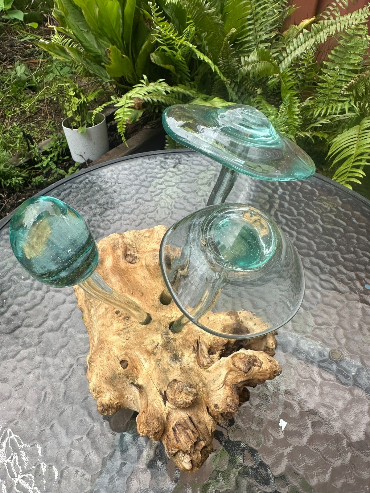 Glass Mushroom Sculpture on Natural Wood – Garden Decor / Rustic Outdoor Art