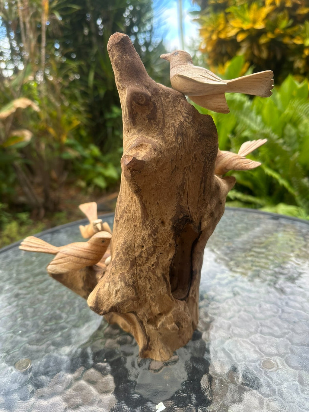Hand Carved Wooden Bird Sculpture on Natural Wood – Rustic Nature Decor – Bird N