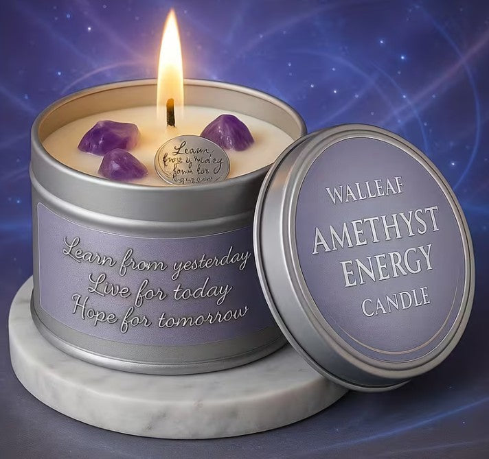 Walleaf Amethyst Energy Candle ~ Features Uplifting Message & Amethyst Crystals