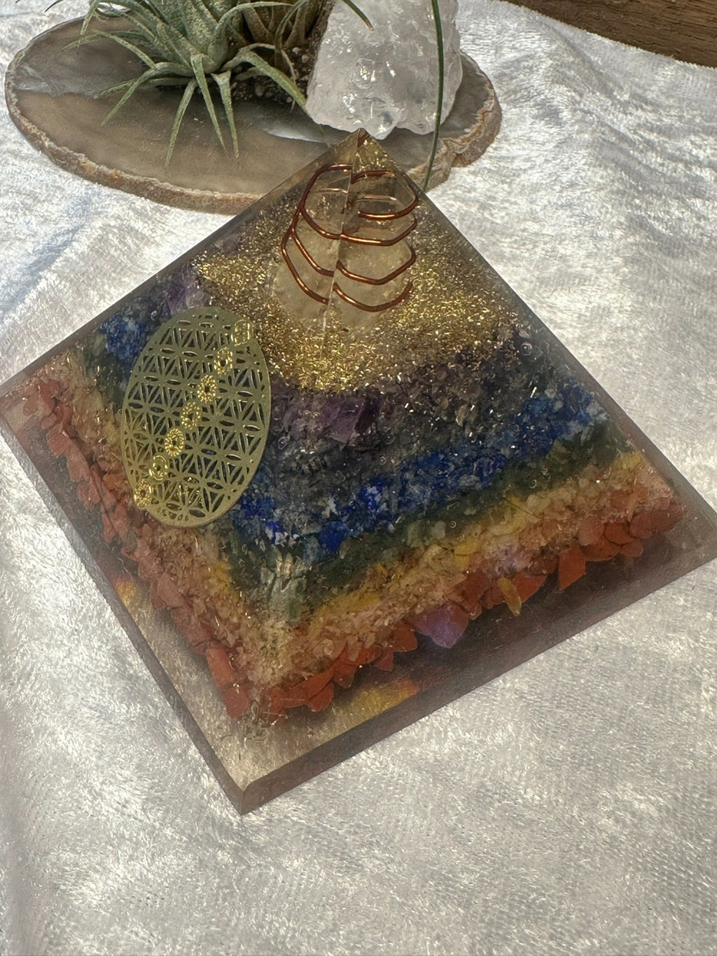 Large Orgonite Chakra Crystal Pyramid – Copper Coil & Flower of Life ~ Hand Made