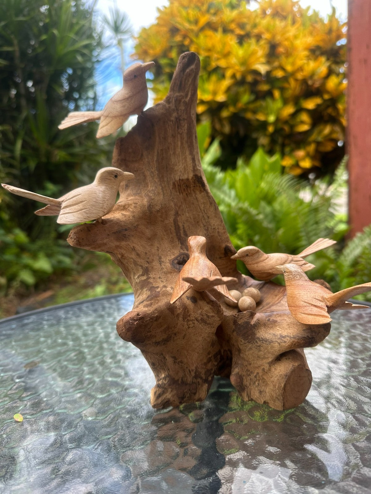 Hand Carved Wooden Bird Sculpture on Natural Wood – Rustic Nature Decor – Bird N