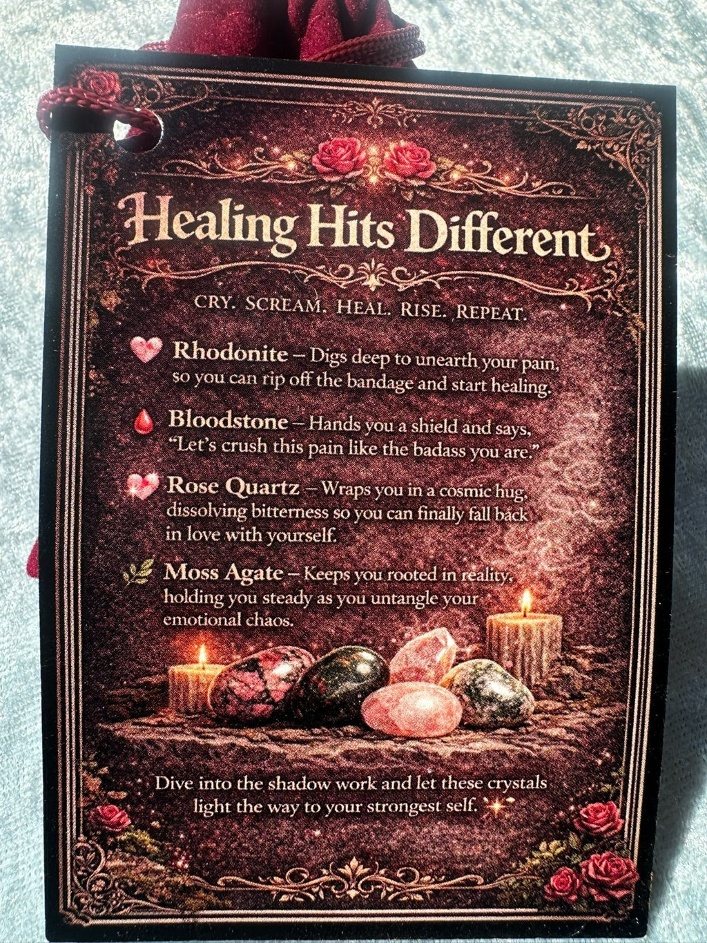 Healing Hits Different Crystal Kit Rhodonite Rose Quartz Moss Agate Bloodstone