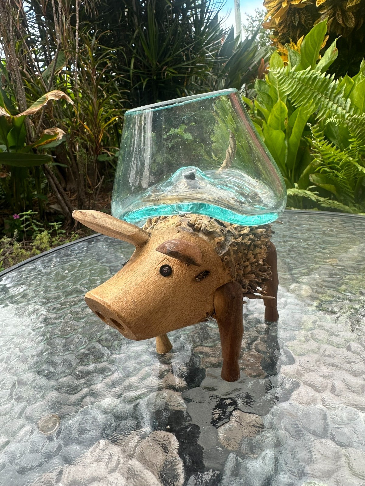 Wooden Pig Planter ~ Removable Glass Bowl – Rustic Garden Decor – Succulent