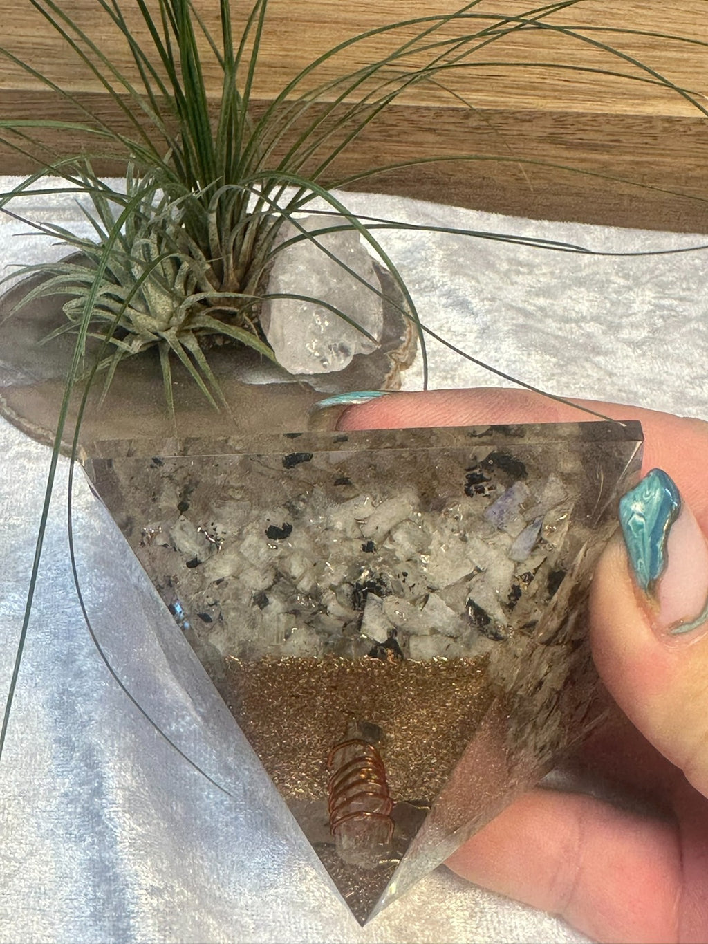 Large Orgonite Rainbow Moonstone Crystal Pyramid – Copper Coil & Om ~ Hand Made