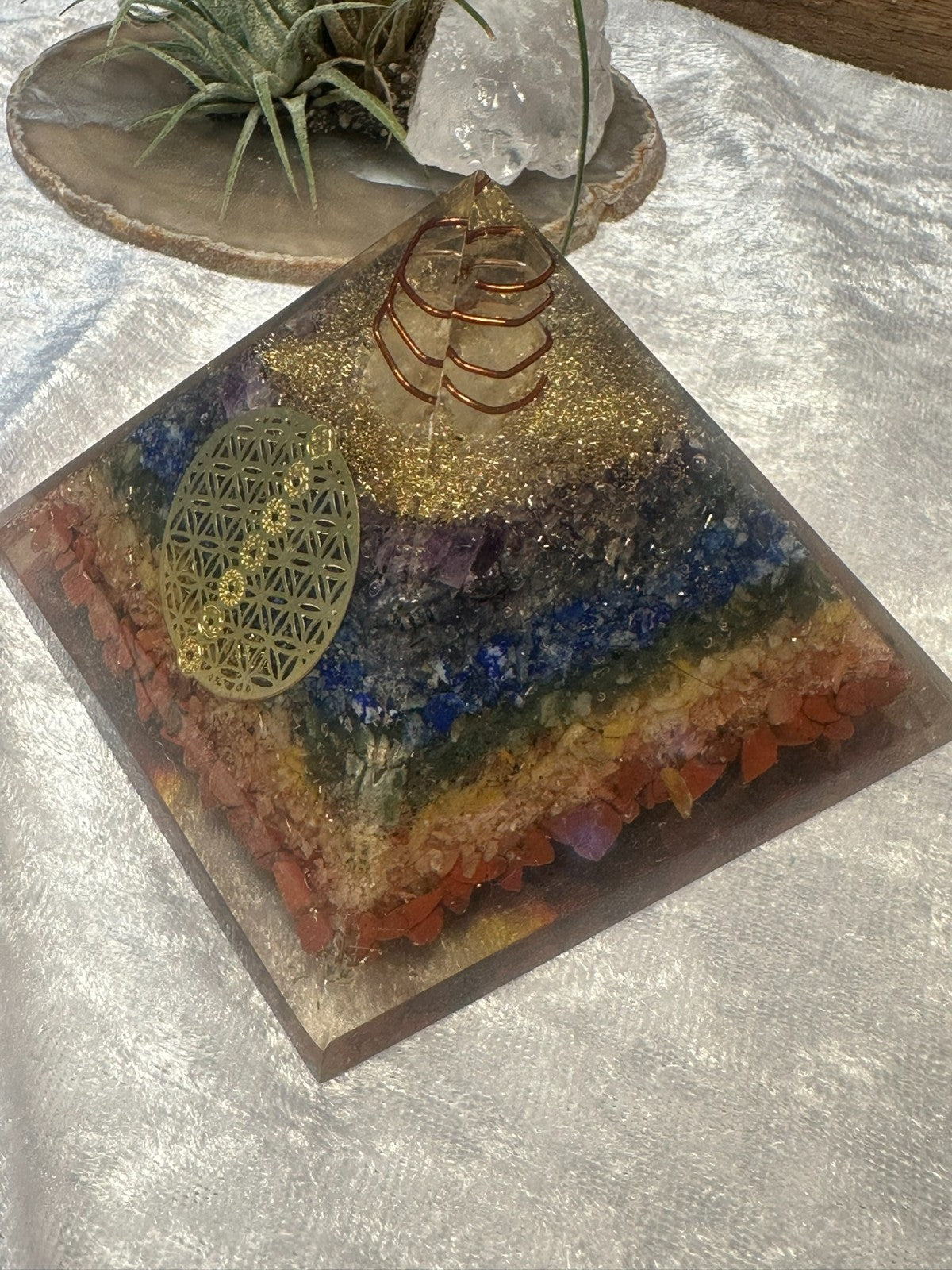 Large Orgonite Chakra Crystal Pyramid – Copper Coil & Flower of Life ~ Hand Made