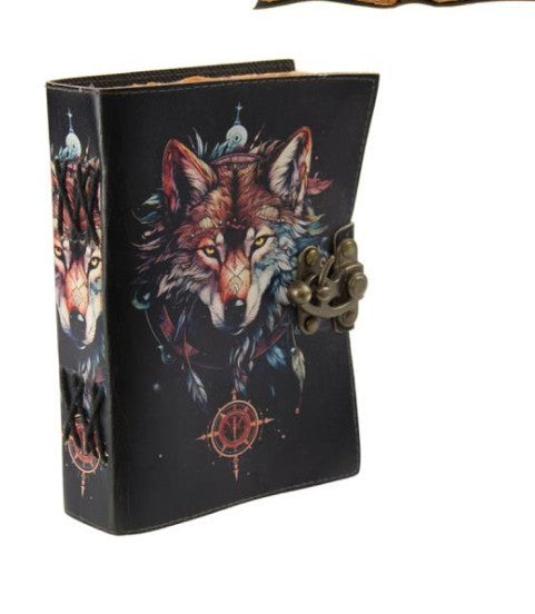 7x5" Leather Journal with Wolf Design B ~ Vintage Style Notebook Diary ~ 18x13cm