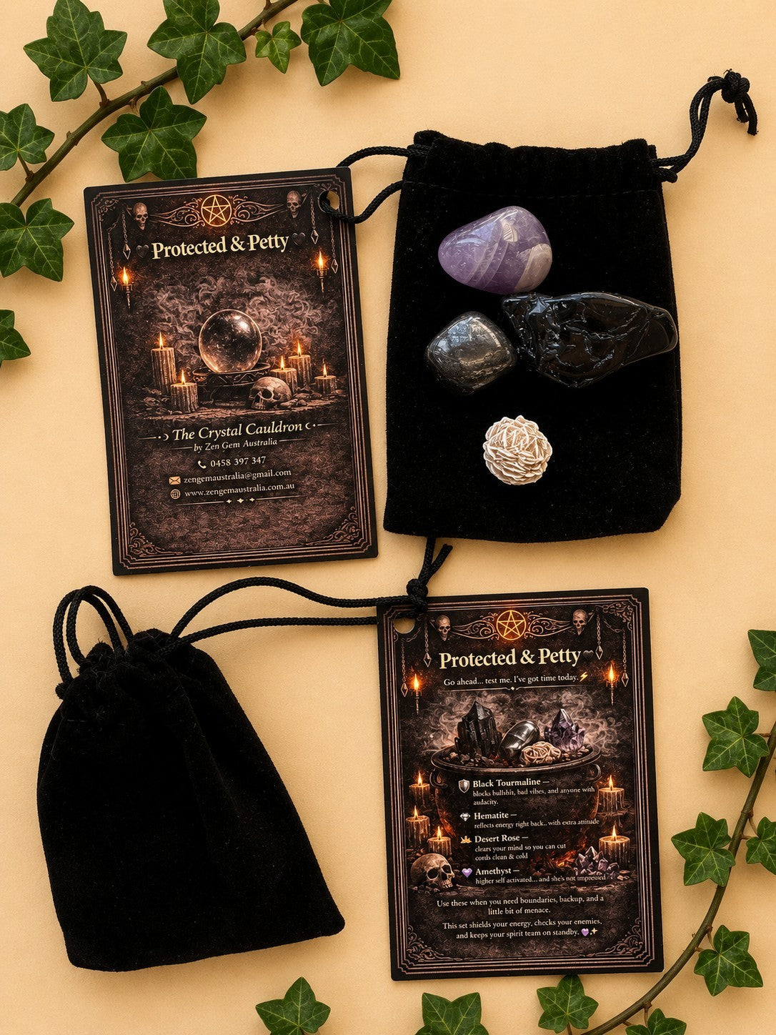 Protected & Petty Crystal Kit ~ Black Tourmaline Hematite Desert Rose Amethyst