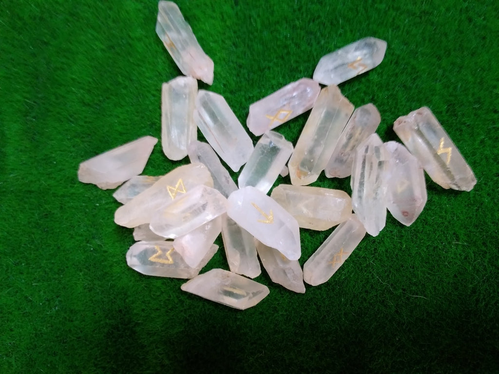 Natural Points ~ Quartz Rune Stones Set – Engraved Crystal with bag 25 runes